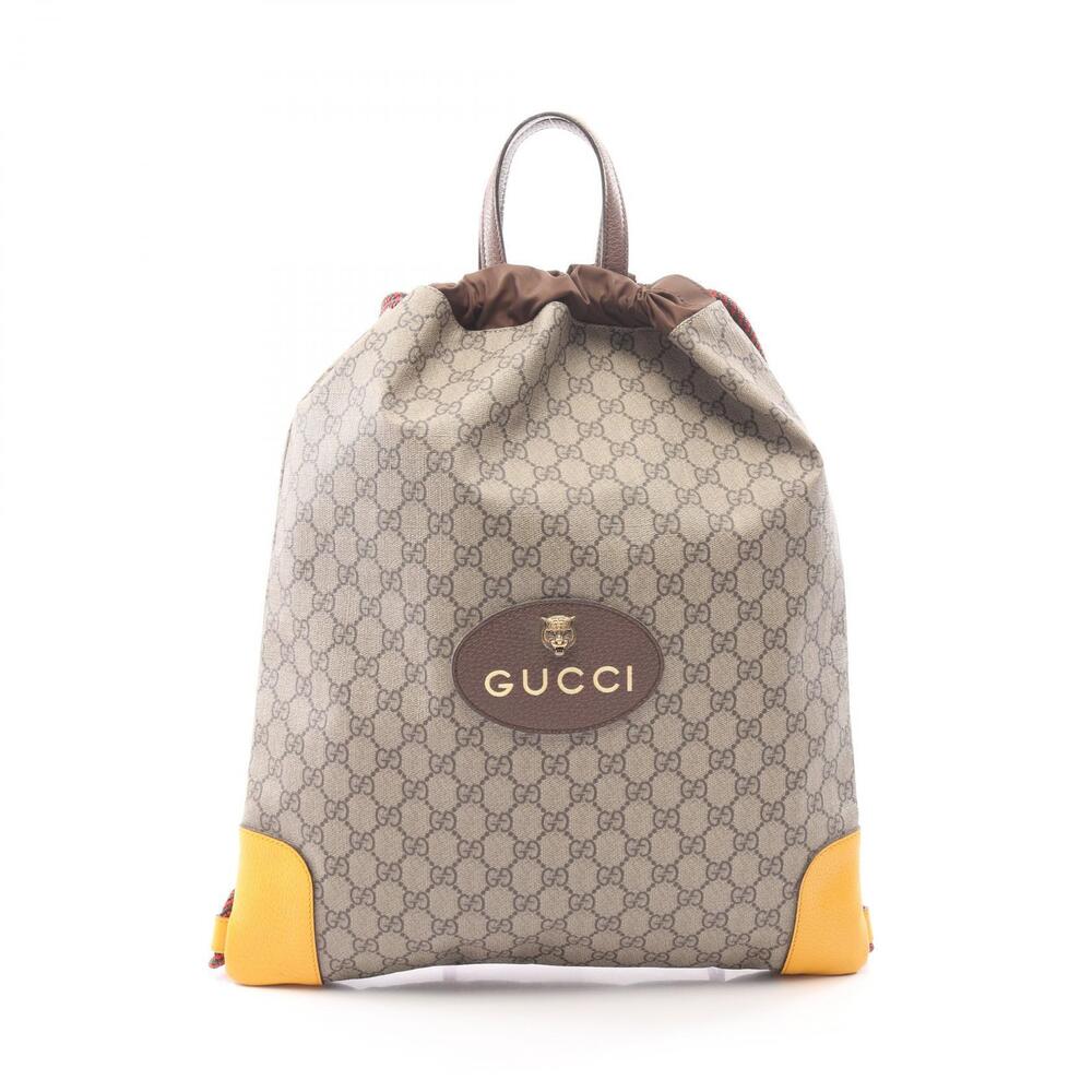 Gucci GG Supreme Drawstring Backpack Rucksack Bag Canvas Leather Beige Tan